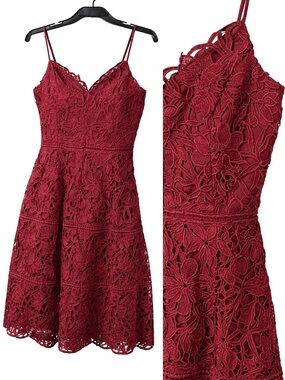 Wine Red Lace Fit-and-Flare Spaghetti Strap Dress